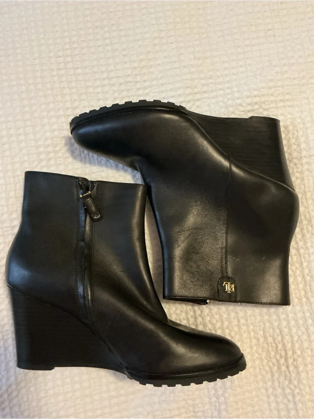 Ralph Lauren Shaley Black Leather Wedge Ankle Boots